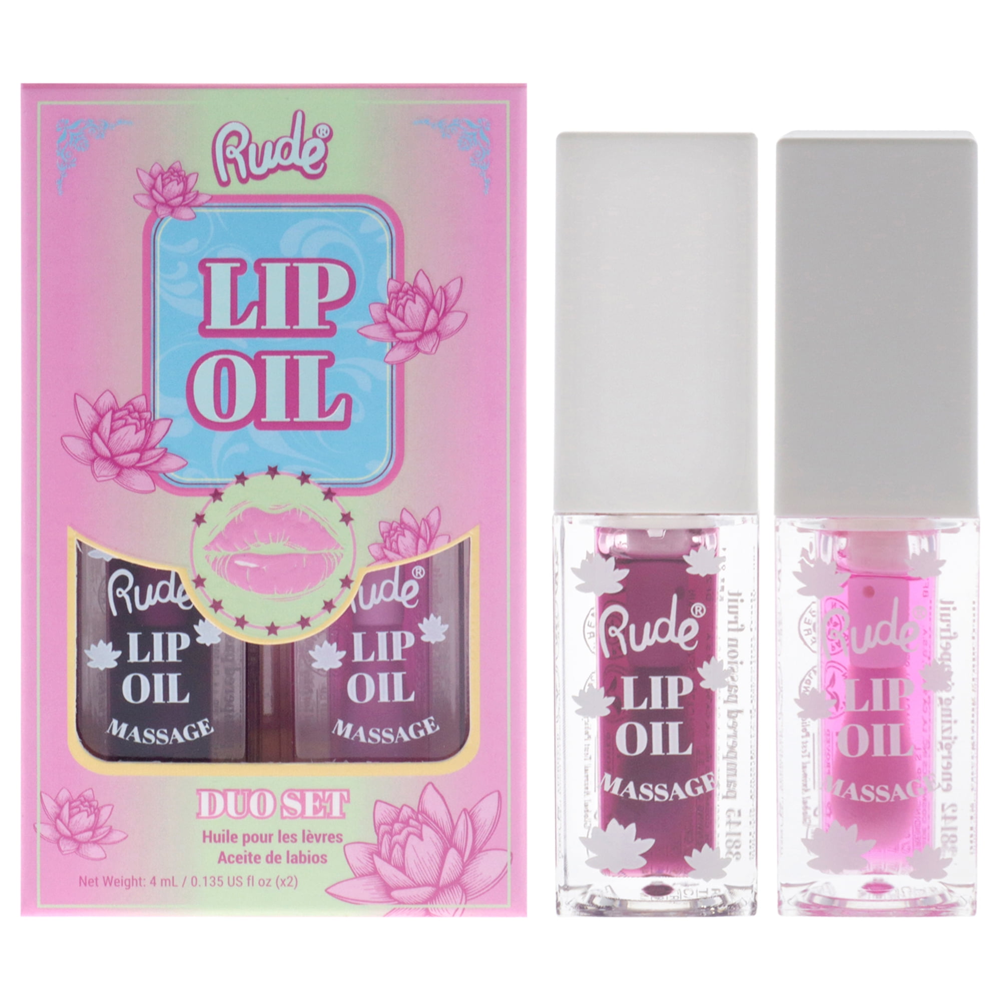 Duo d'Huile pour les Lèvres par Rude Cosmetics pour Femmes - 2 Pcs 0.135oz Huile de Massage pour les Lèvres - Fruit de la Passion, 0.135oz Huile de Massage pour les Lèvres - Pamplemousse