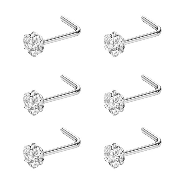 ZS 6Pcs/Set 20g Heart Nose Piercing L Shaped Nose Stud CZ Nostril