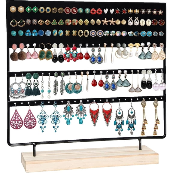 Earring Organizer 144 Holes Earring Holder Display Stand With Wooden Base Black[Z1]