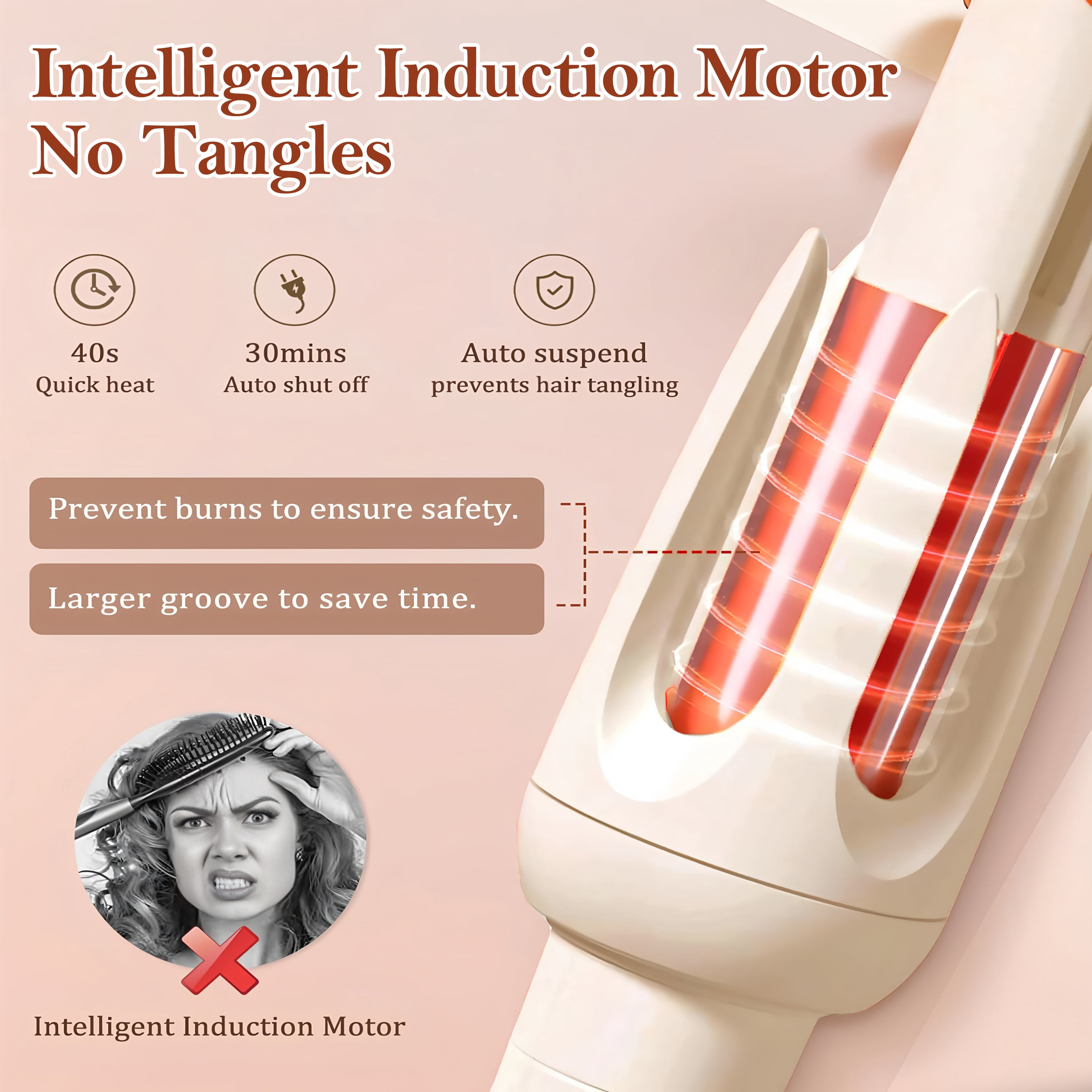 Moremore 1.10 in Automatic Curling Iron, Electric Curling Wand, Anti-Tangle Rotating Ceramic Hair Curler, Negative Ionic, Cream Yellow