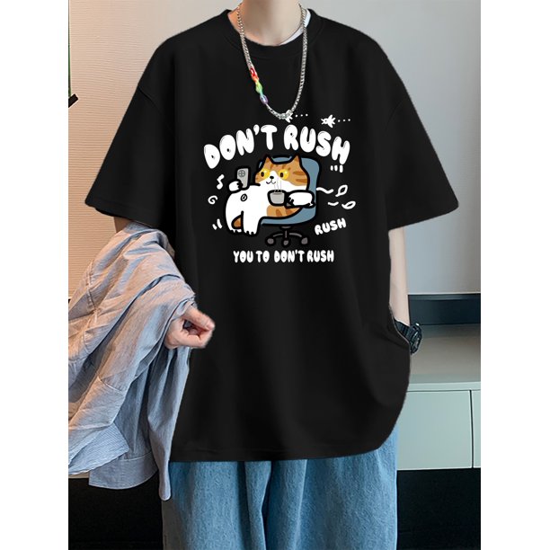 Camiseta informal de algodón para hombre con estampado de gato divertido. Transpirable, holgada para verano y lavable a máquina.