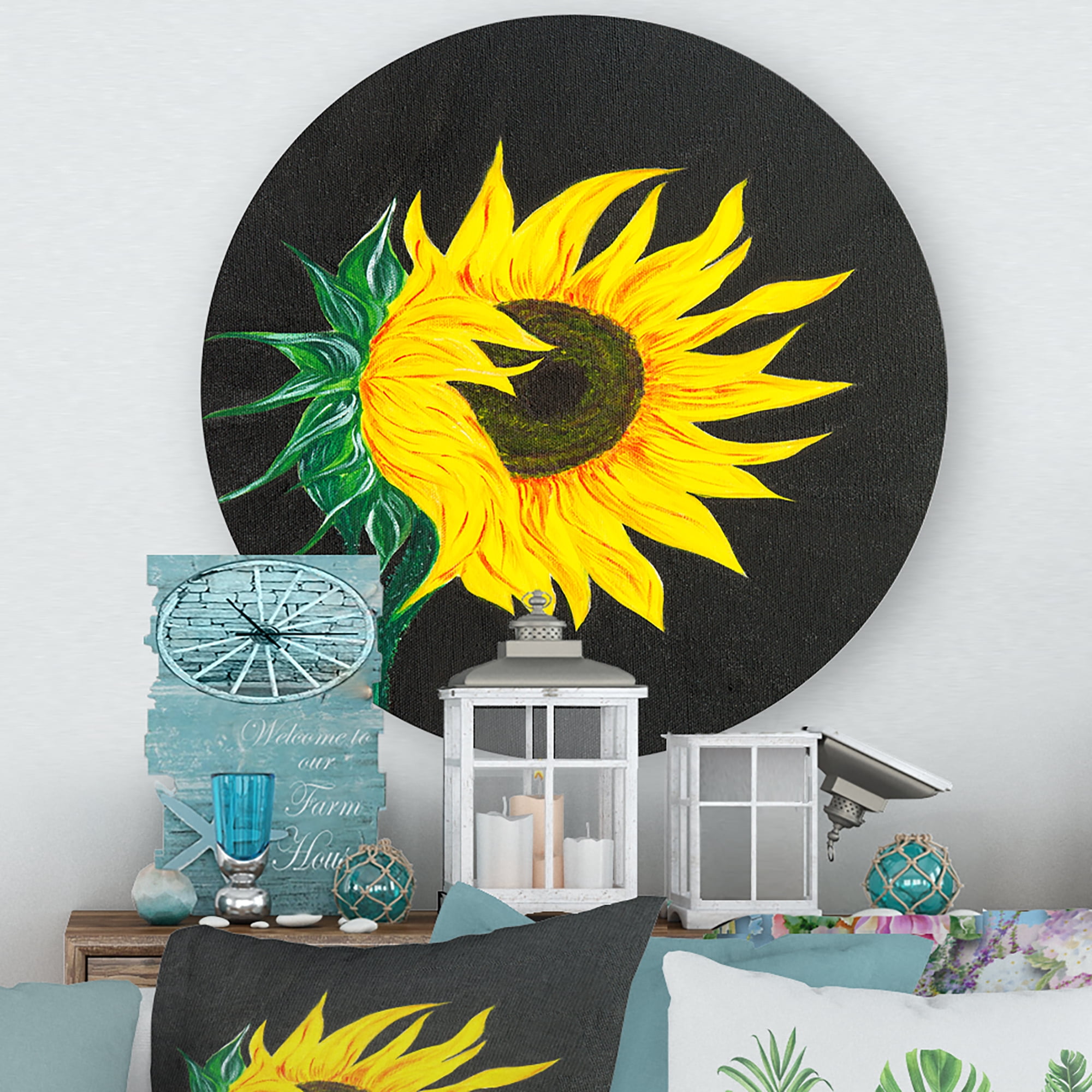 Designart 'Yellow Sunflower On Black' Traditional Circle Metal Wall Art 11x11 - Disc of 11