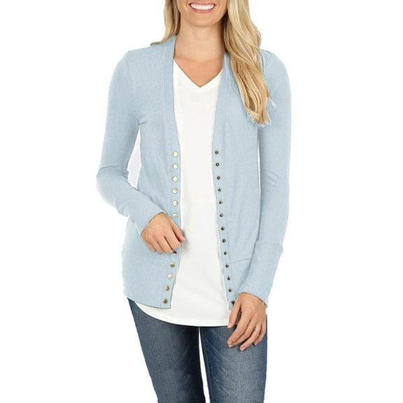 Womens V Neck Snap Button Long Sleeve Knit Cardigan
