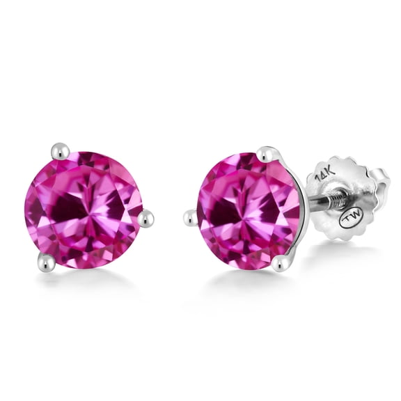 Gem Stone King 14K White Gold Round 7MM Pink Created Sapphire Martini Stud Earrings for Women | 3.32 Cttw | Fine Jewelry Gifts for Women Mom Wife Her