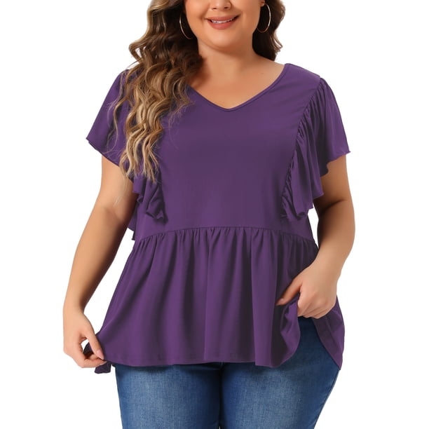 Blusa de peplum plisada con mangas acampanadas y escote en V para mujeres de tallas grandes Agnes Orinda 3X en púrpura oscuro