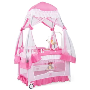 Costway 4-in-1 Baby Playard Crib with Changing Table, Pink