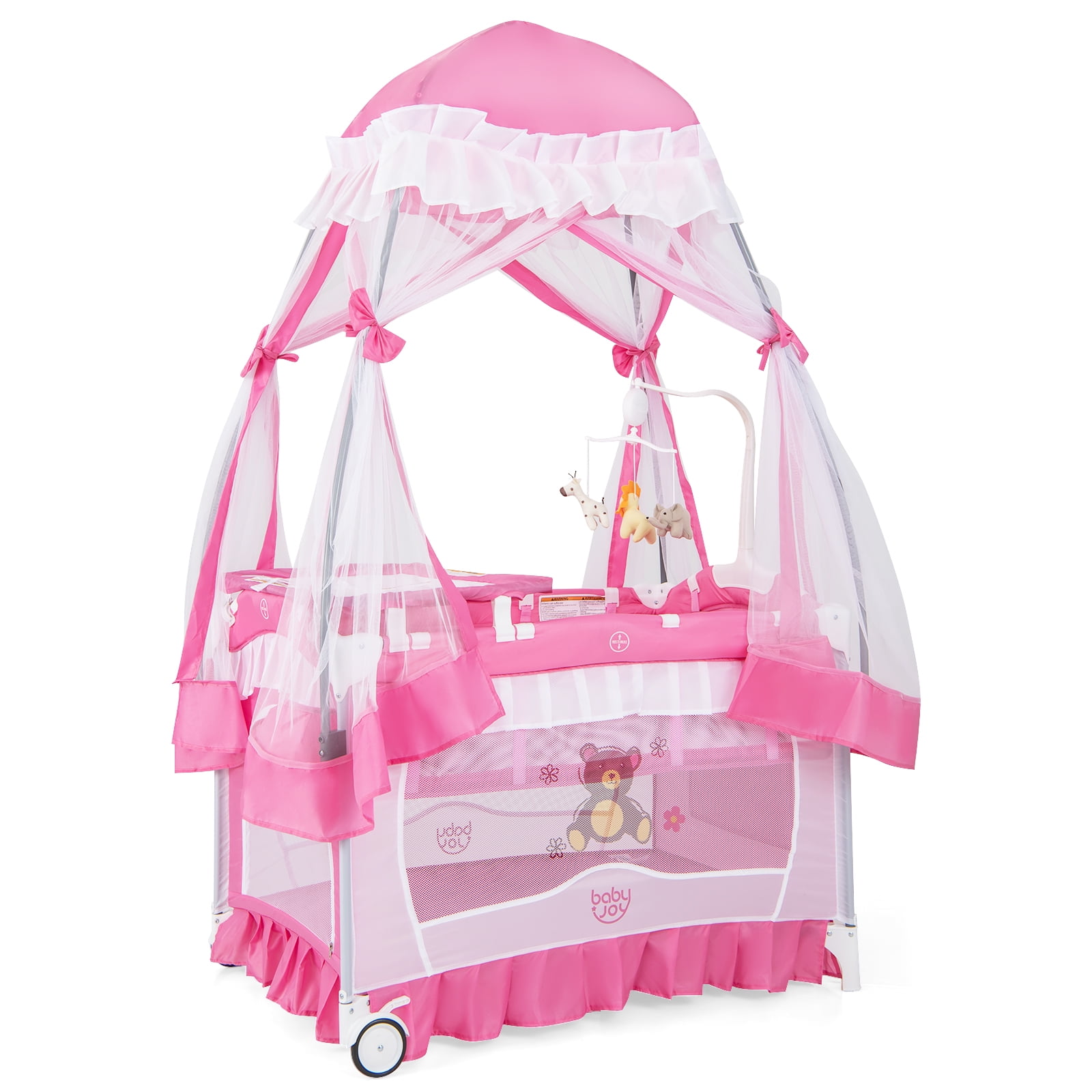 Costway Baby Playard Crib Bed 4 in 1 Portable with Changing Table Canopy Music Box Pink