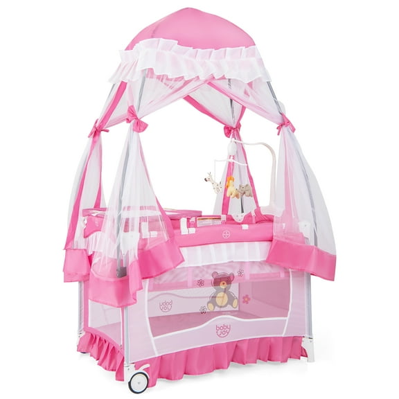 Costway Baby Playard Crib Bed 4 in 1 Portable with Changing Table Canopy Music Box Pink