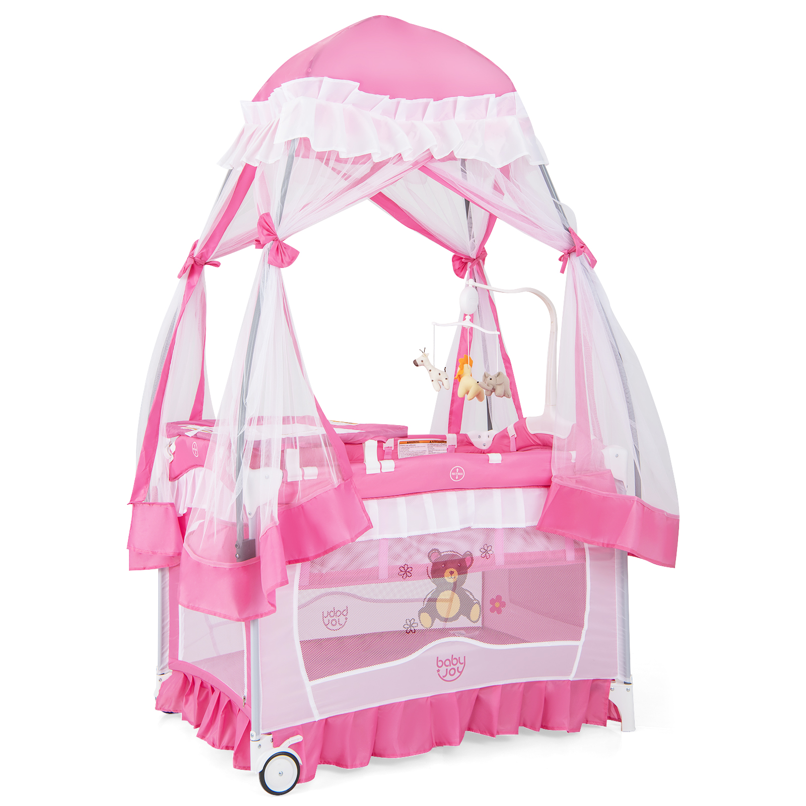 Costway 4-in-1 Baby Playard Crib with Changing Table, Pink