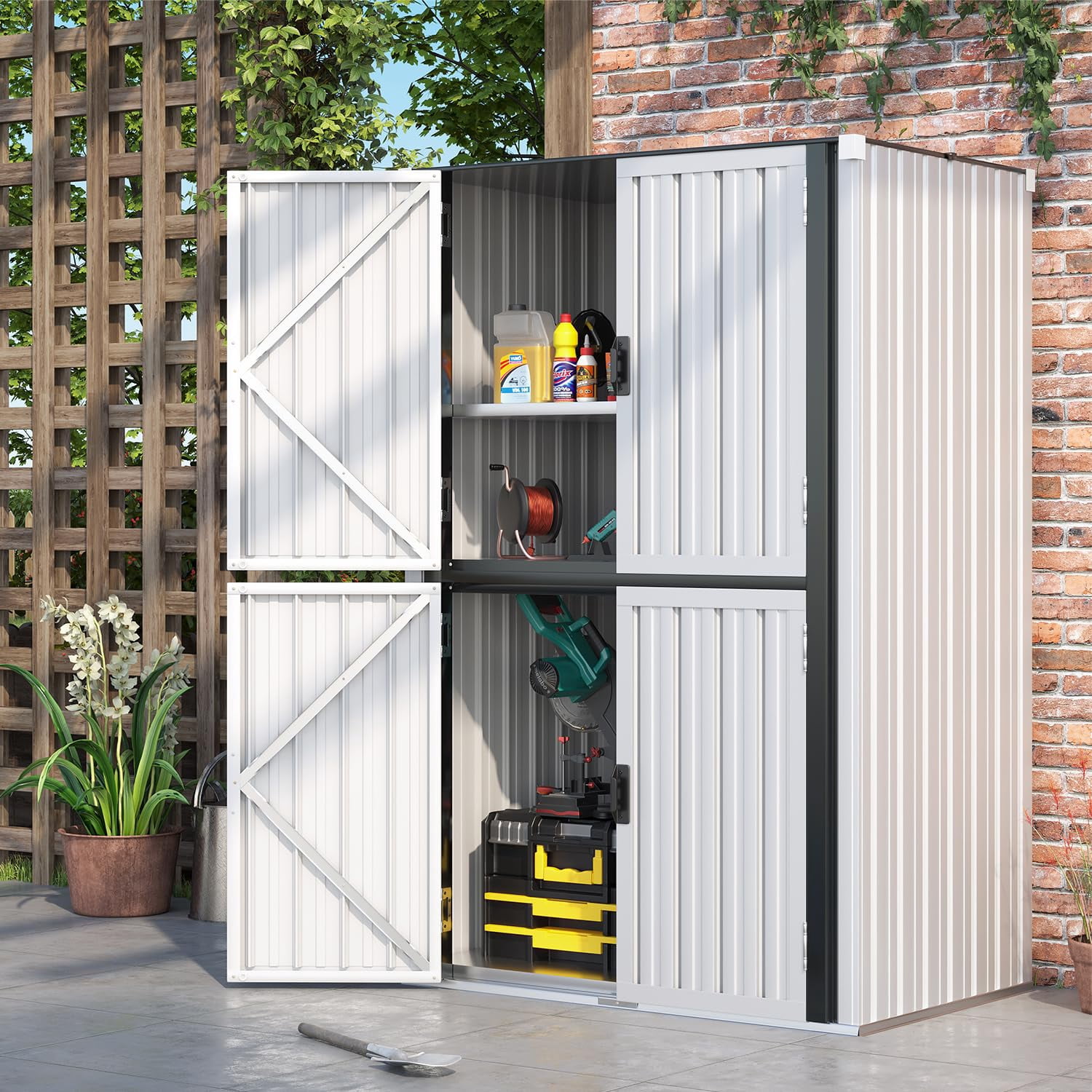YODOLLA 2.5'x 3.5' Outdoor Metal Storage Cabinet with Locking Doors and Adjustable Shelves for Home, Office,Garden(White)