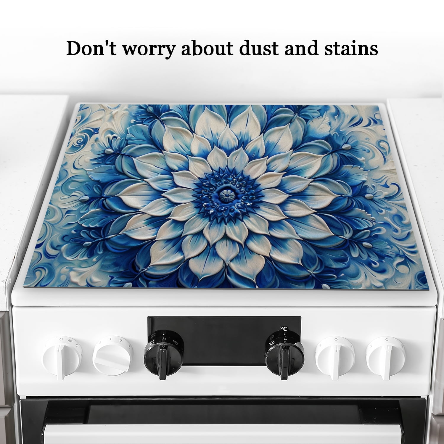 Stove Top Covers For Glasstop Stoves, Blue and White Mandala Flower Non-Stick Washable Cooktop Covers Countertop Protector, Gas Stove Top Cover Mat for Kitchen RV (28×20 Inch)