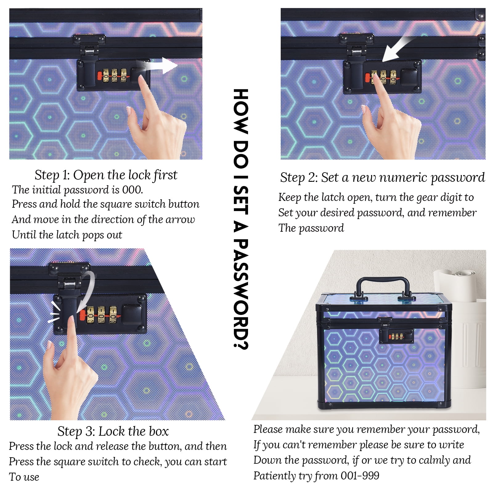 Security Lock Box with Combination Lock, Lockable Storage for Medicine, Jewelry, Cash & Cosmetics-Colorful Blue