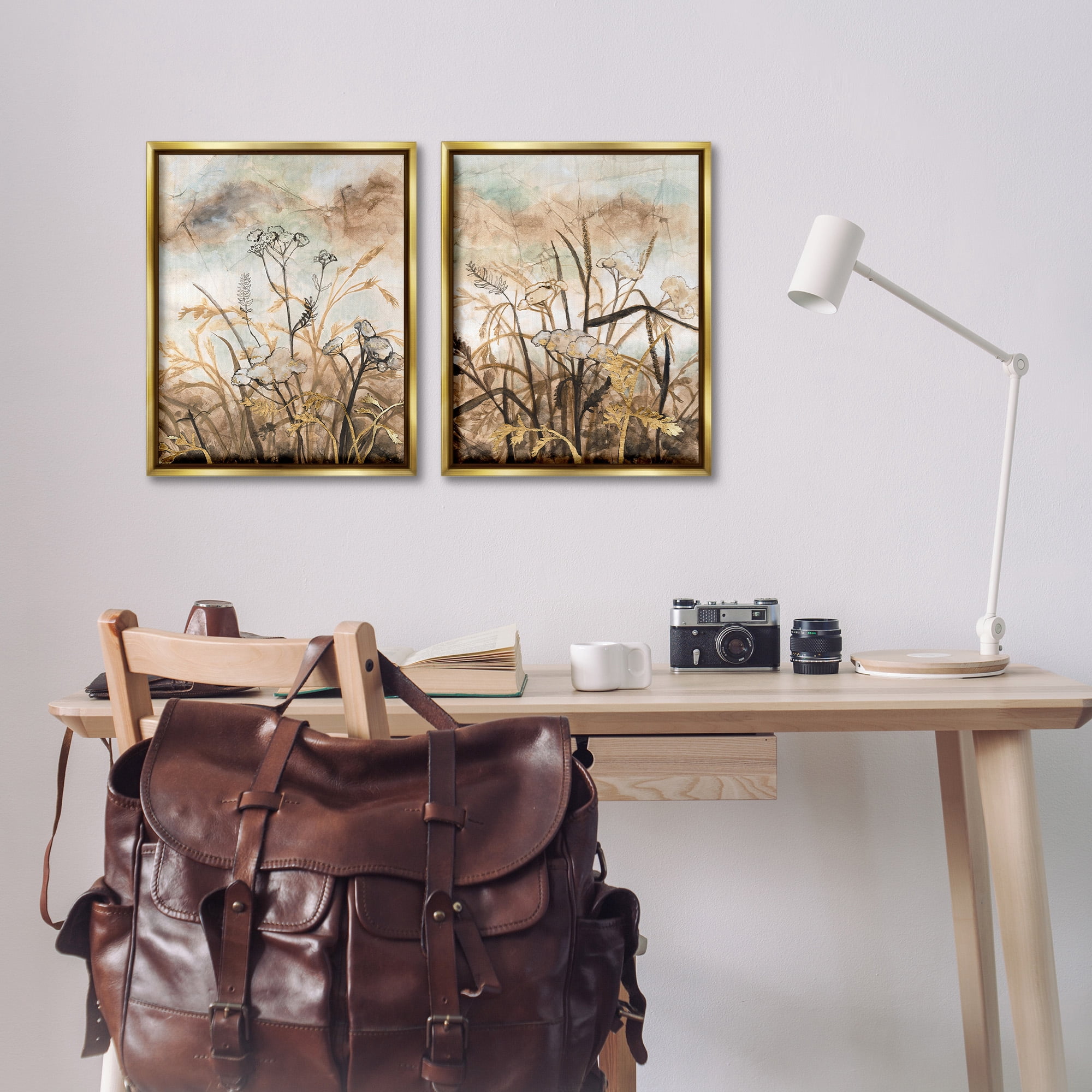 Stupell Industries Abstract Nature Outlines Landscape Painting Gold Floater Framed Canvas Art Print Wall Art, 17 x 21, Set of 2