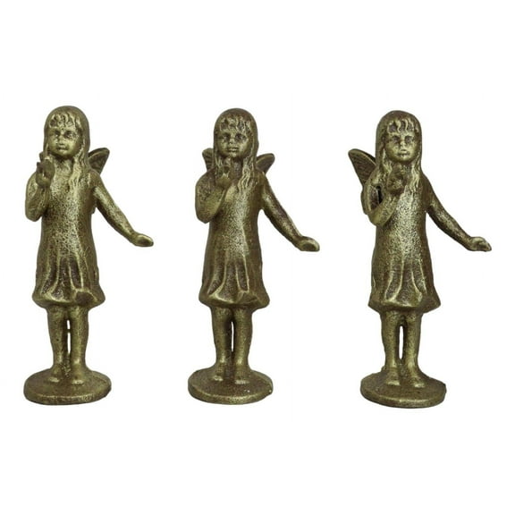 Set Of 3 Cast Iron Rustic Enchanted Fantasy Girl Fairy Pixie With Bird Figurines