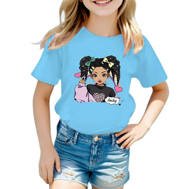 PMVFHDE Hauts à Manches Courtes pour Fille Hauts Mignons pour Fille Hauts d'Été Tendance pour Filles Robe T-Shirt Tendance pour Filles T-Shirt Graphique Mignon à Col Rond Manches Courtes T-Shirt Décontracté d'Été Bleu, 3-4 Ans