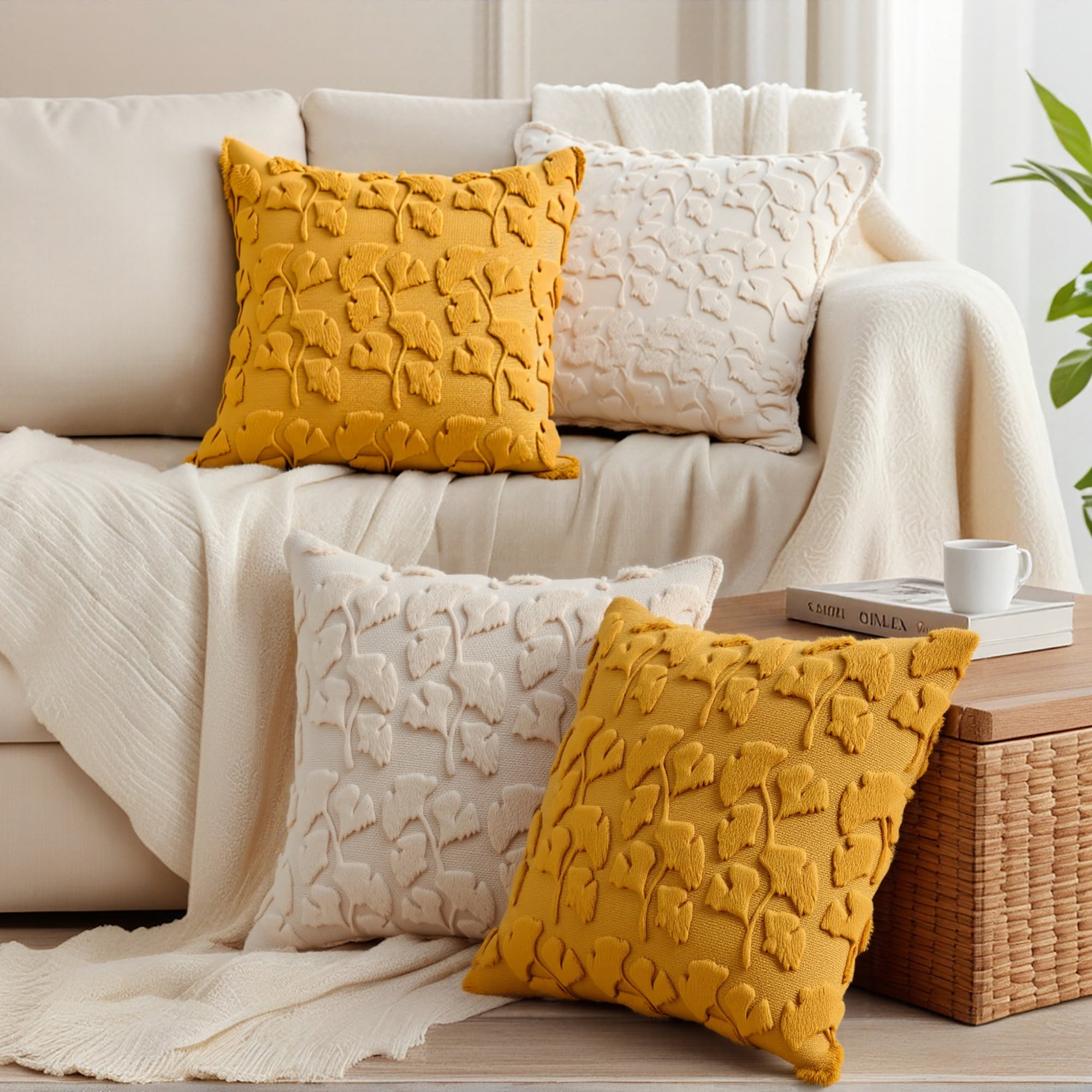 Unique Bargains Plush Ginkgo Leaf Embroidery Throw Pillow Covers Yellow 20" x 20"