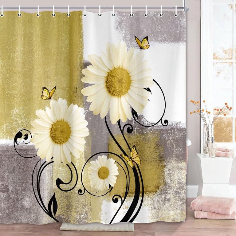 Floral Shower Curtain | Yellow Grey Daisy Pattern, 70x70 Inches | Polyester Fabric With Free Hooks