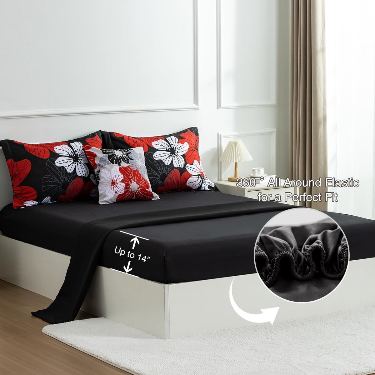 NTBED Floral Comforter Set King 6 PCS Bed in a Bag Red Flowers Printed on Black Botanical Bedding Sets Boho