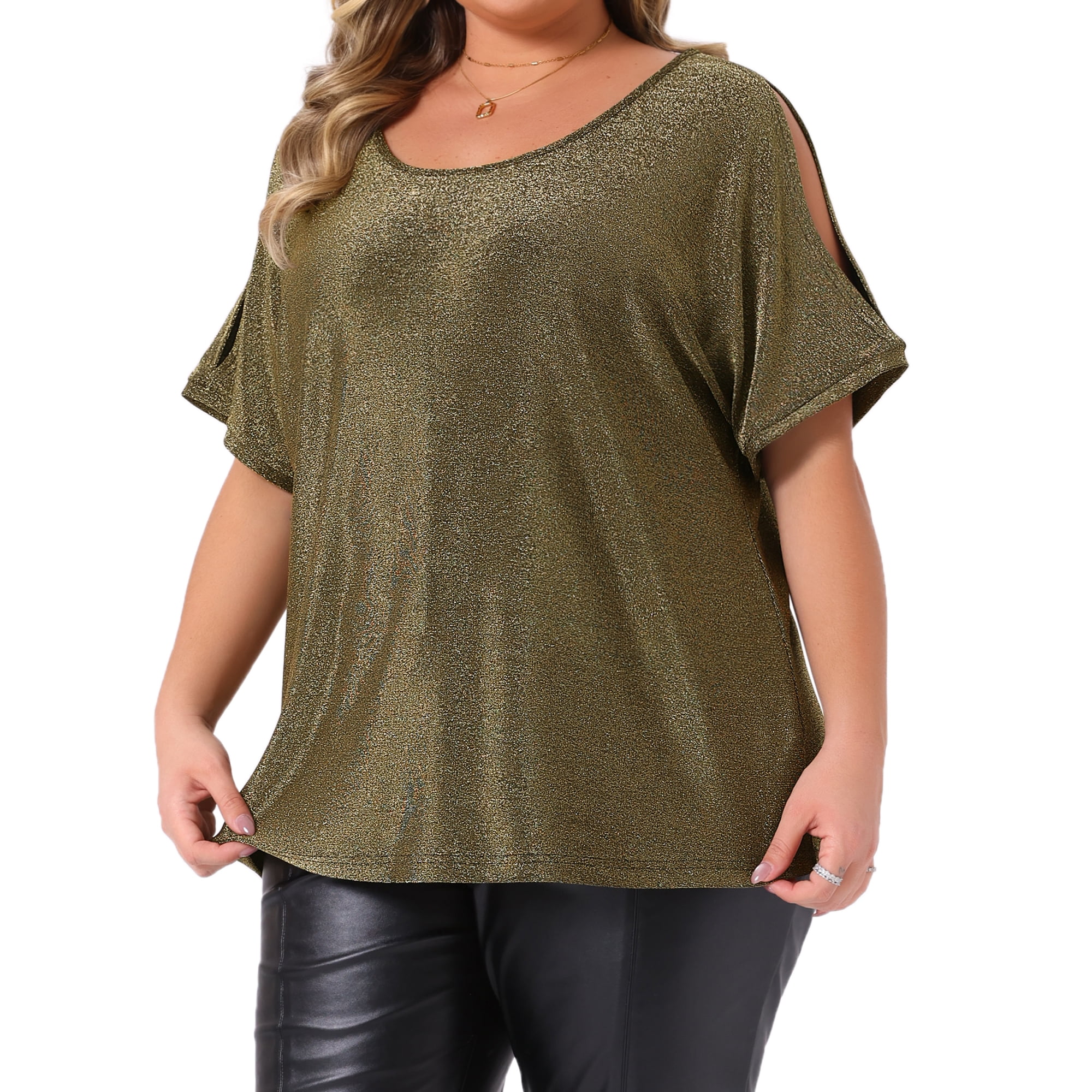 DARING DIVA Women's Plus Sequin Cold Shoulder Glitter Blouse 3X Gold