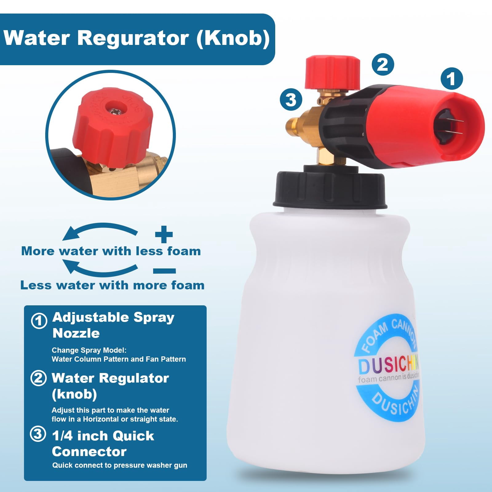 DUSICHIN Pressure Washer Short Gun Foam Cannon 1/4" Quick Connector,Car Wash Foam Gun Kit Dual Connector Accessory,Double Tip Attachment For Soap Cannon with 5 Nozzle Tips