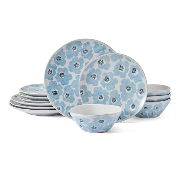 Pfaltzgraff Radiant Floral 12 Piece Stoneware Dinnerware Set Off White with Blue Flowers