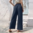thumbnail image 3 of Fitness Clothing Women's Linen Blend Wide Leg Pants Elastic Drawstring Waist Casual Summer Beach Pants with Pocket Blue XL, 3 of 6