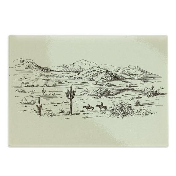Western Cutting Board, Wild West Landscape Illustration Mountains Desert Plants Cowboys on Horses, Decorative Tempered Glass Cutting and Serving Board, Large Size, Beige Black, by Ambesonne