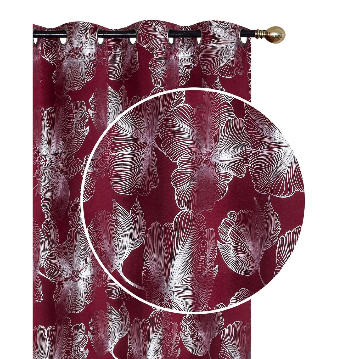 IH Casa Decor Foil Print Pannel W 8 Grom Hibiscus Burgundy 96" - Ensemble De 2