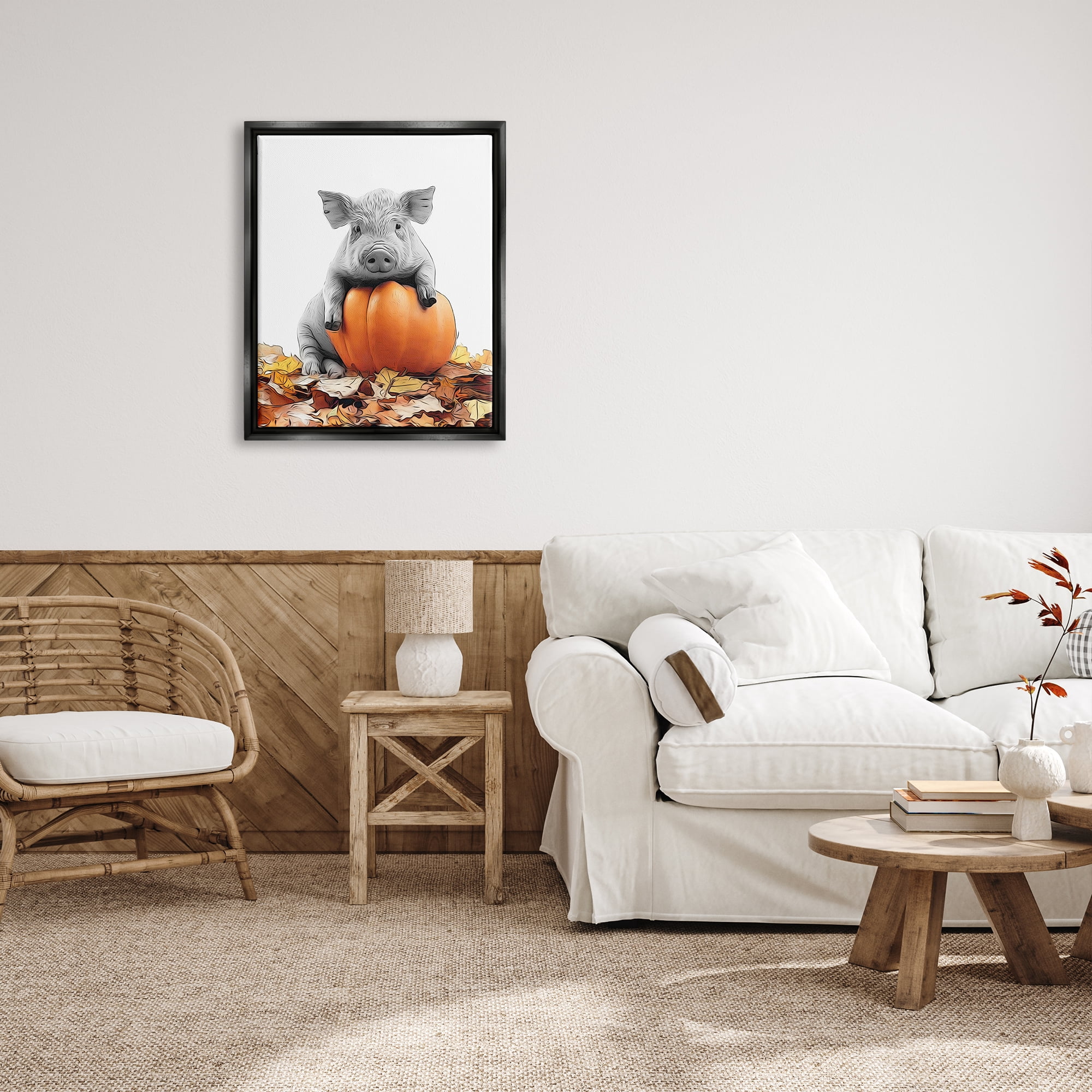 Stupell Industries Pig & Autumn Leaves Holiday Painting Black Floater Framed Canvas Art Print Wall Art, 25 x 31