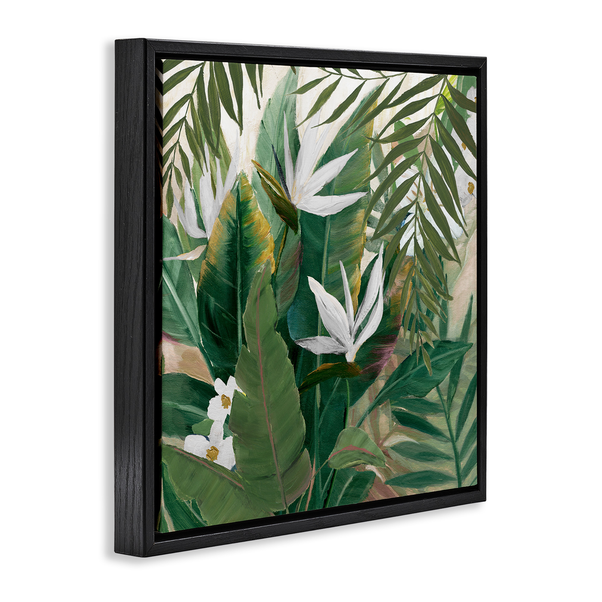 Stupell Industries Tropical Birds Of Paradise Plant Botanical & Floral Painting Black Floater Framed Canvas Art Print Wall Art, 25 x 25