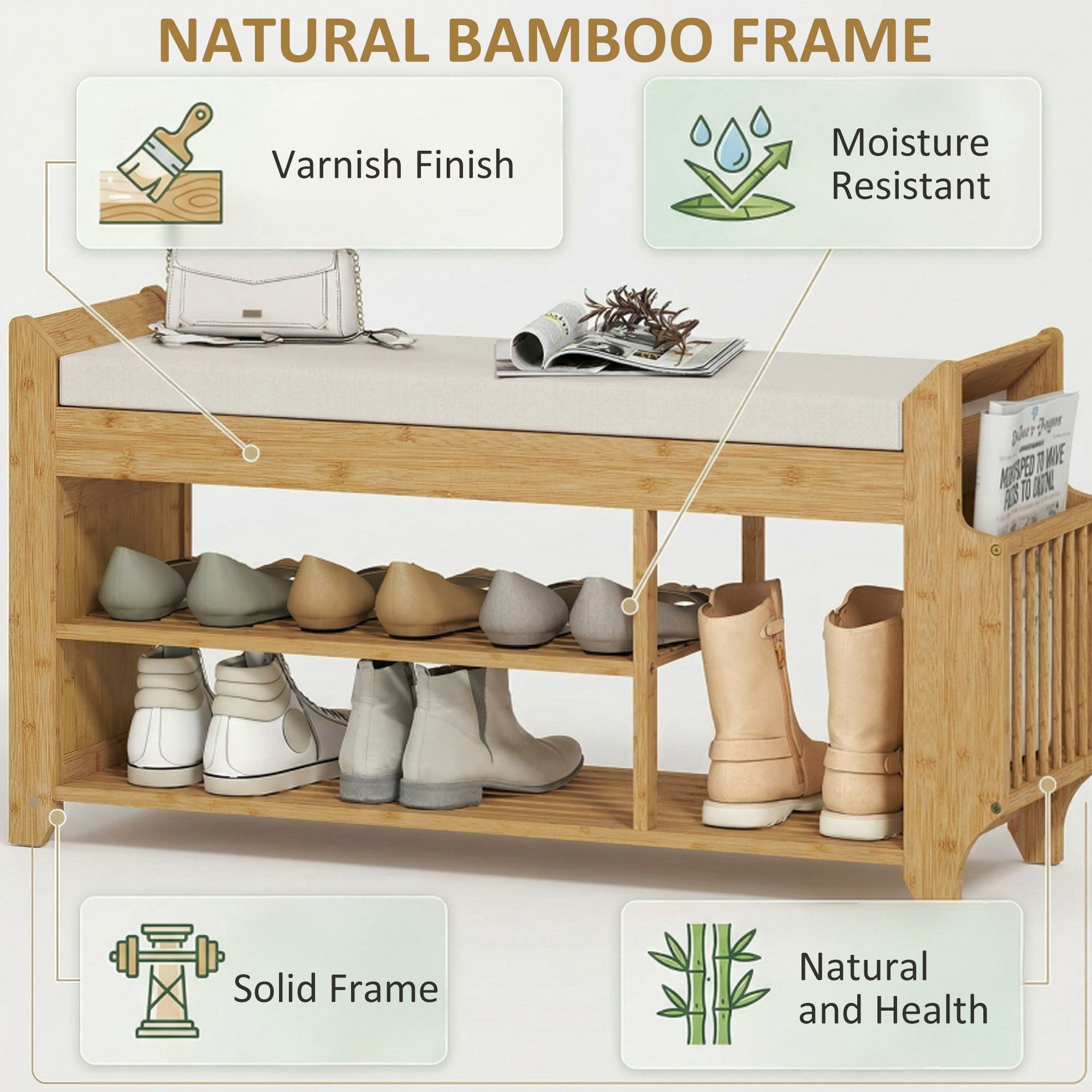 Bamboo Entryway Shoe Storage Bench with Cushioned Seat, Zoned Shoe & Boot Shelves Side Umbrella Compartment Slim 11.8in Depth Hallway Organizer Supports 352lbs Natural Cream
