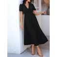 thumbnail image 5 of Women Summer Casual Midi Dress Puff Sleeve V Neck Ruched Button Front Split Boho Beach Vacation Wedding Dresses 2025 Black S, 5 of 8