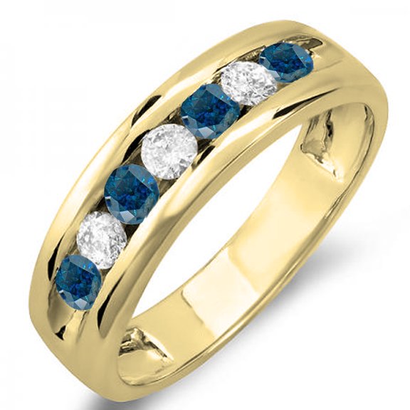 Dazzlingrock Collection 0.85 Carat (ctw) 18K Round Blue & White Diamond Mens Wedding Band, Yellow Gold, Size 10