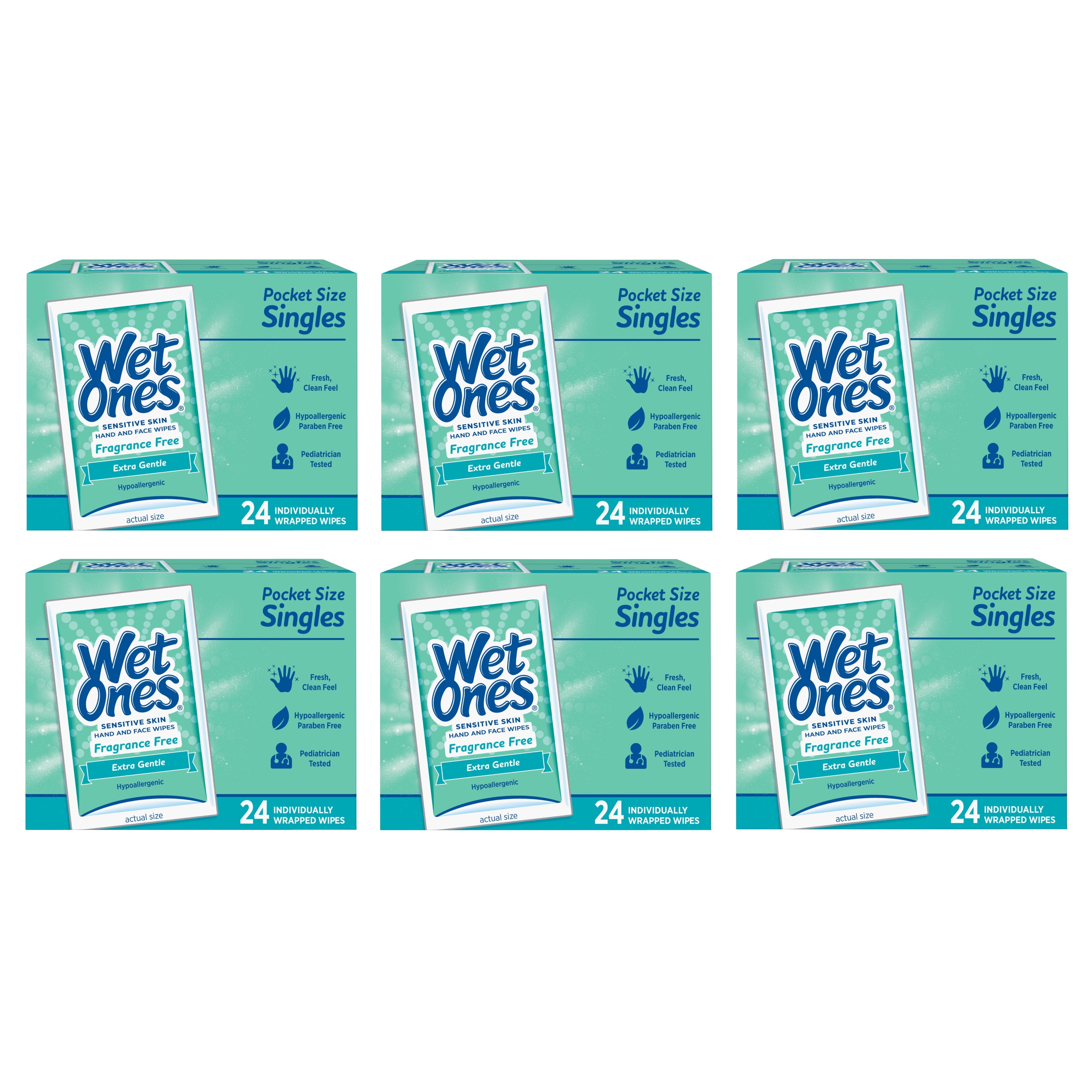 (6 Pk) Wet Ones Sensitive Skin Hand Wipes Singles, 24 Ct