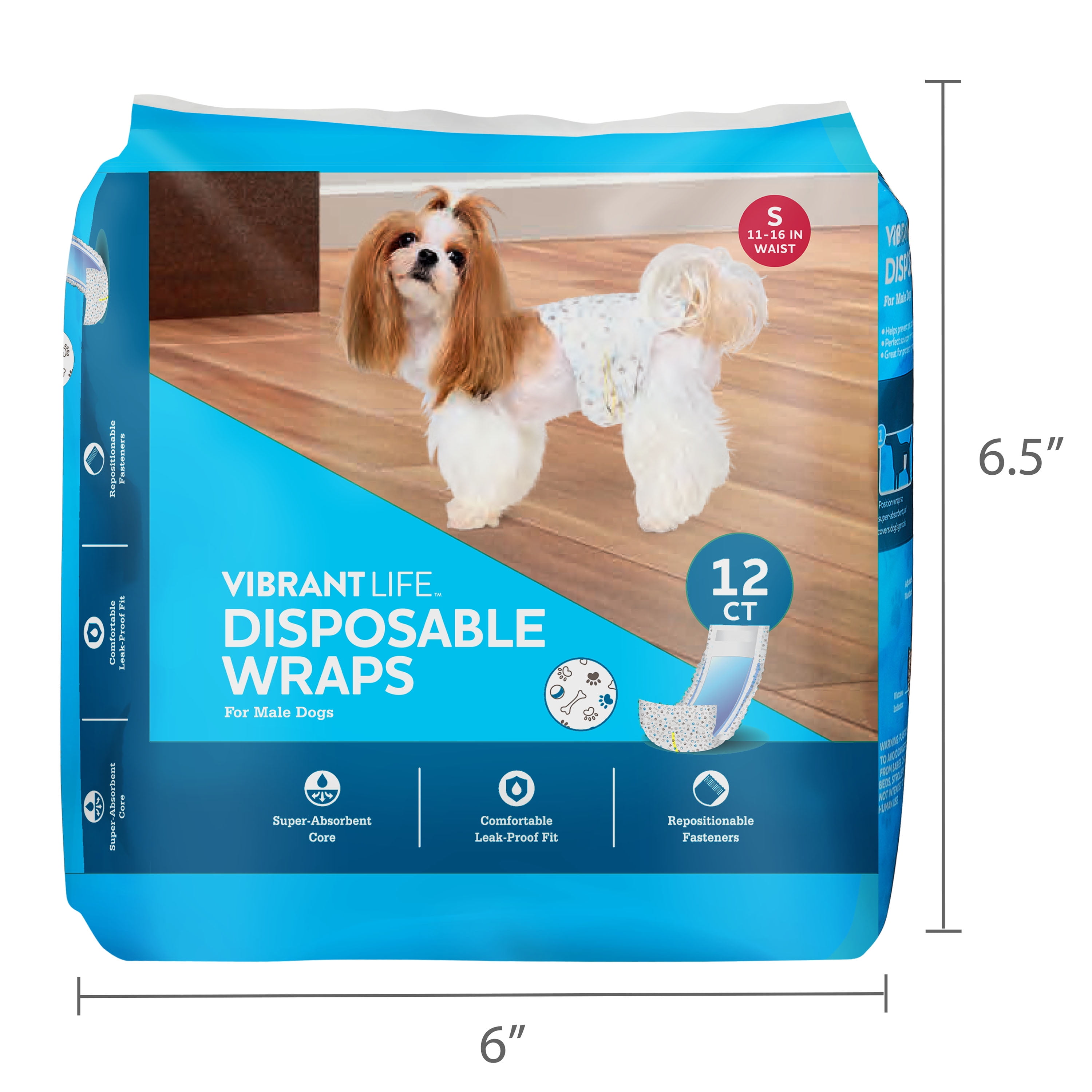 Vibrant Life Disposable Dog Wraps for Male Dogs, Small, 12 Count