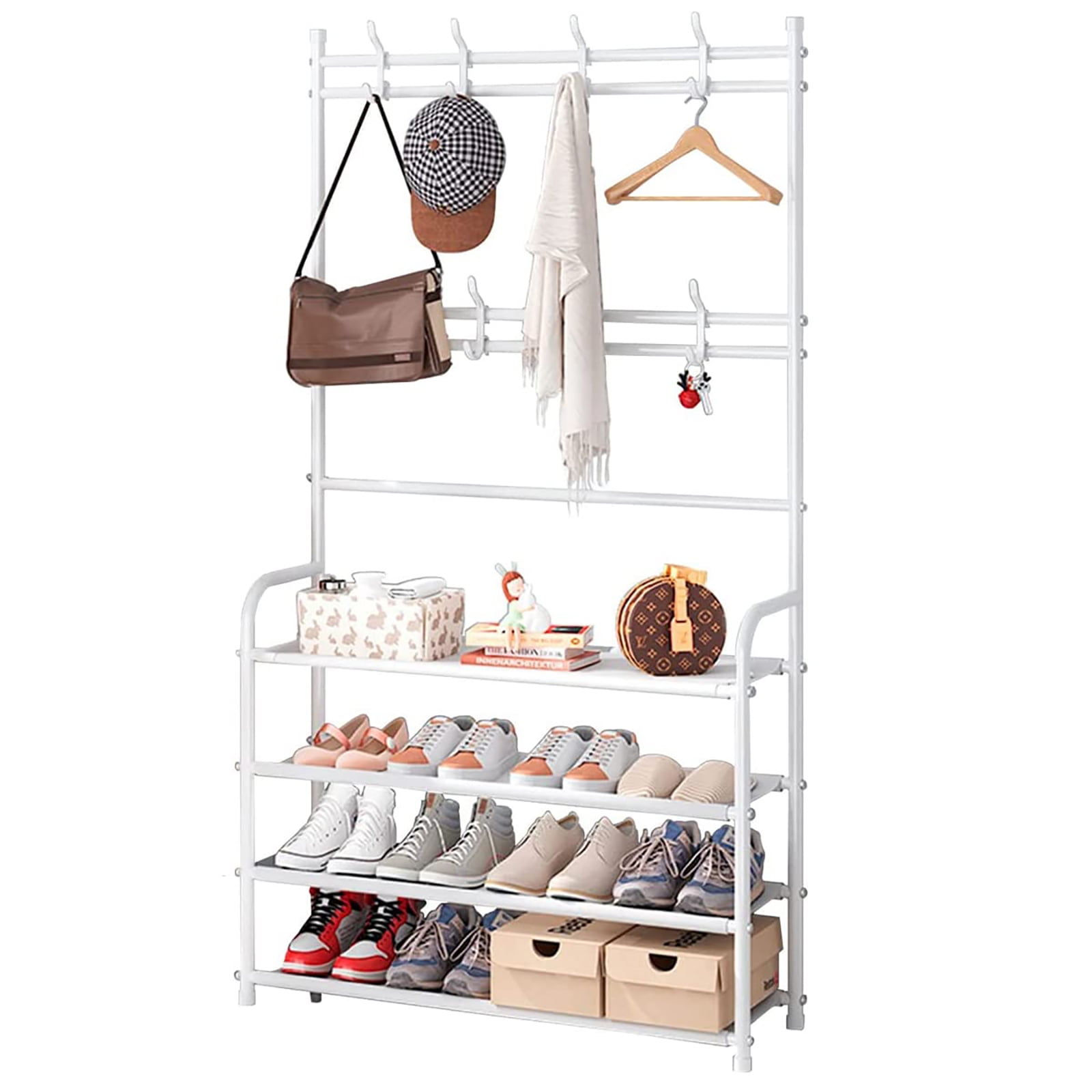 Husfou Coat and Shoe Rack, 4 Tiers Metal Shoe Storage Organizer with