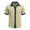 thumbnail image 4 of Camisas de Manga Corta de los Hombres de Color Sólido Casual Girar Cuello con Botones Patchwork Top de Verano, 4 of 4