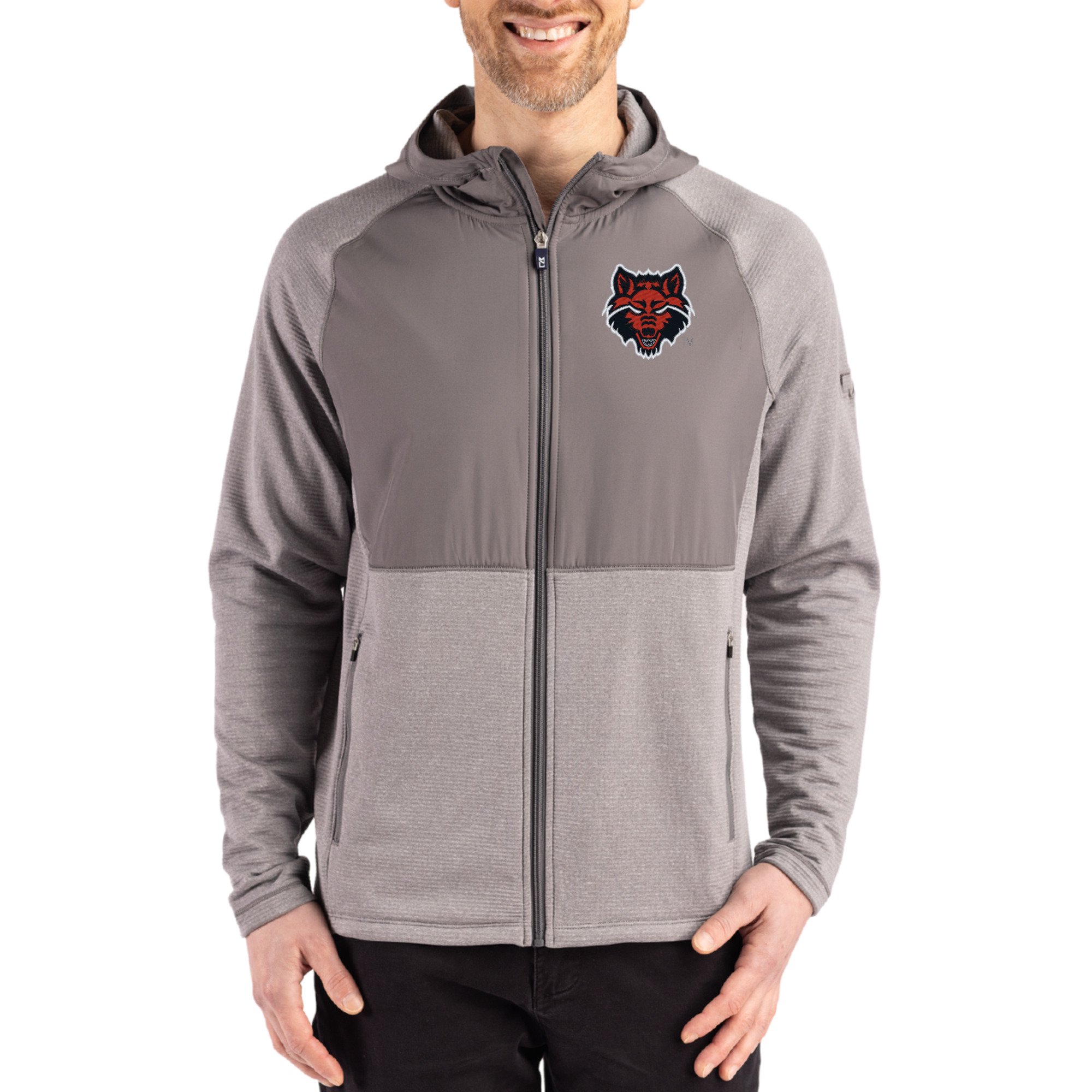 Men's Cutter & Buck Heather Gray Arkansas State Red Wolves Peshastin Eco Fleece Recycled Raglan Full-Zip Tri-Blend