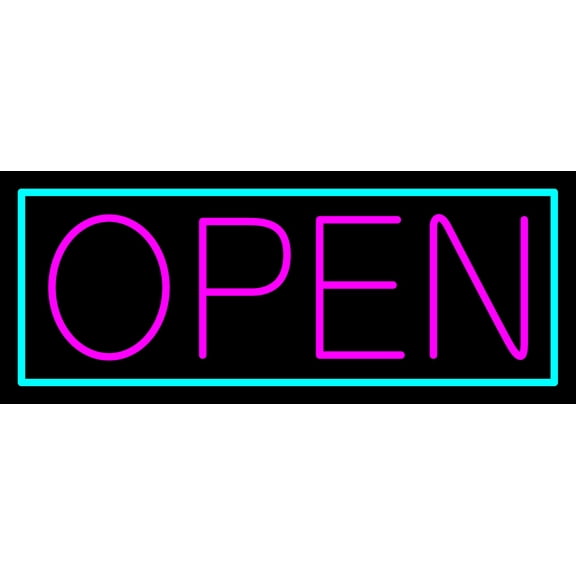 Pink Open With Aqua Border LED Neon Sign 10 x 24 - inches, Black Square Cut Acrylic Backing, with Dimmer - Bright and Premium built indoor LED Neon Sign for storefront.