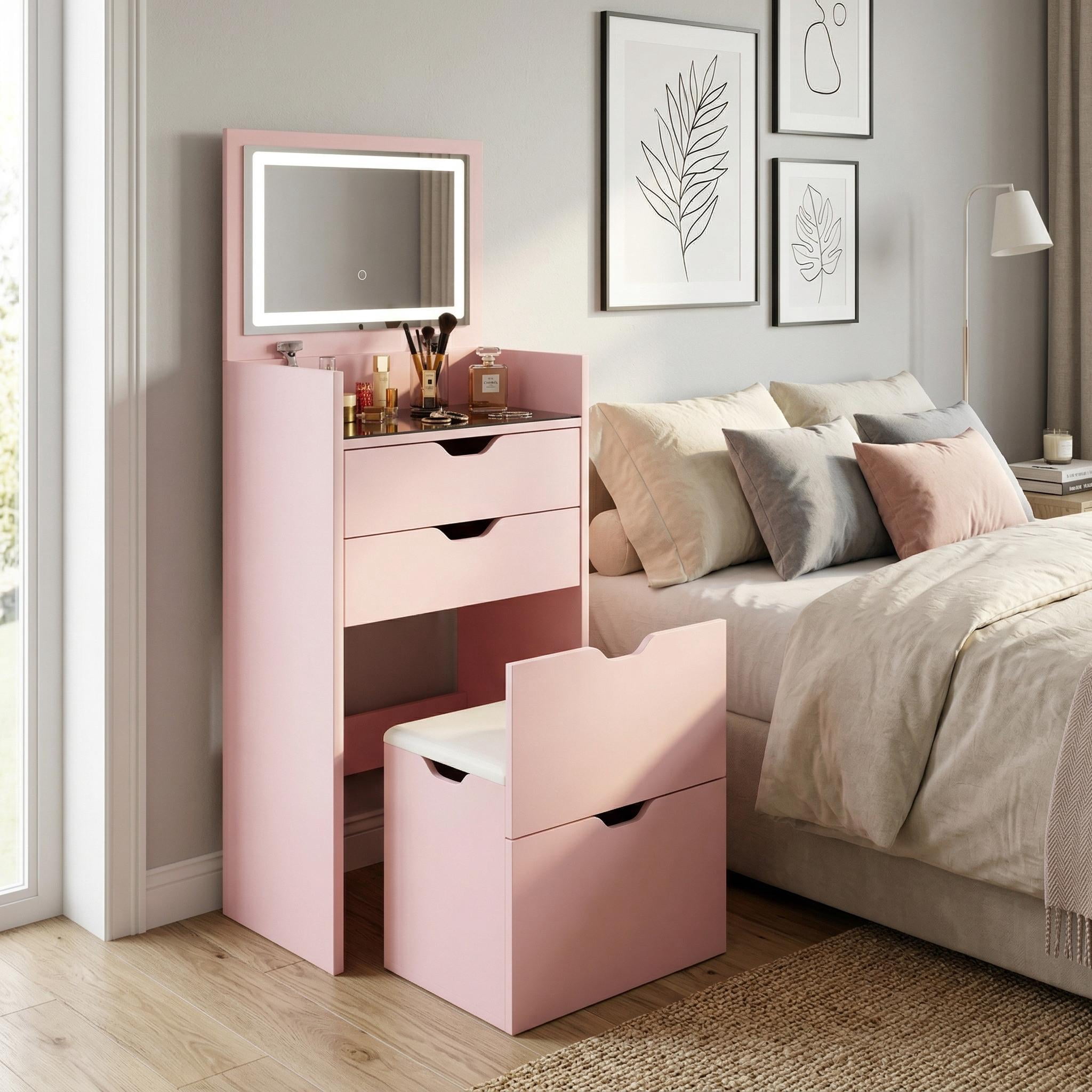 Homy Casa Vanity Table & Bench Set with Flip-Up Lighted Mirror, Drawers & Stool, Pink