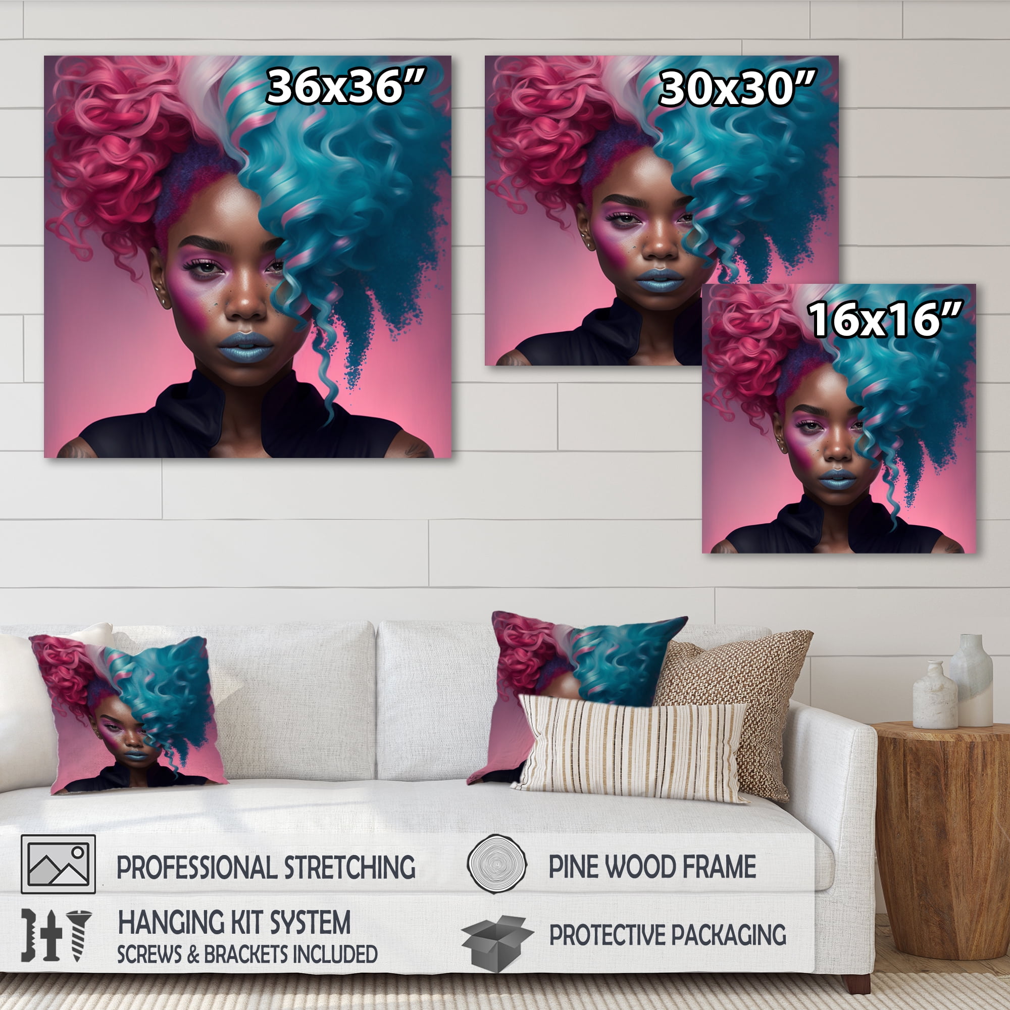 Designart Hip Hop Girl With Pink And Blue Hair V Canvas Wall Art