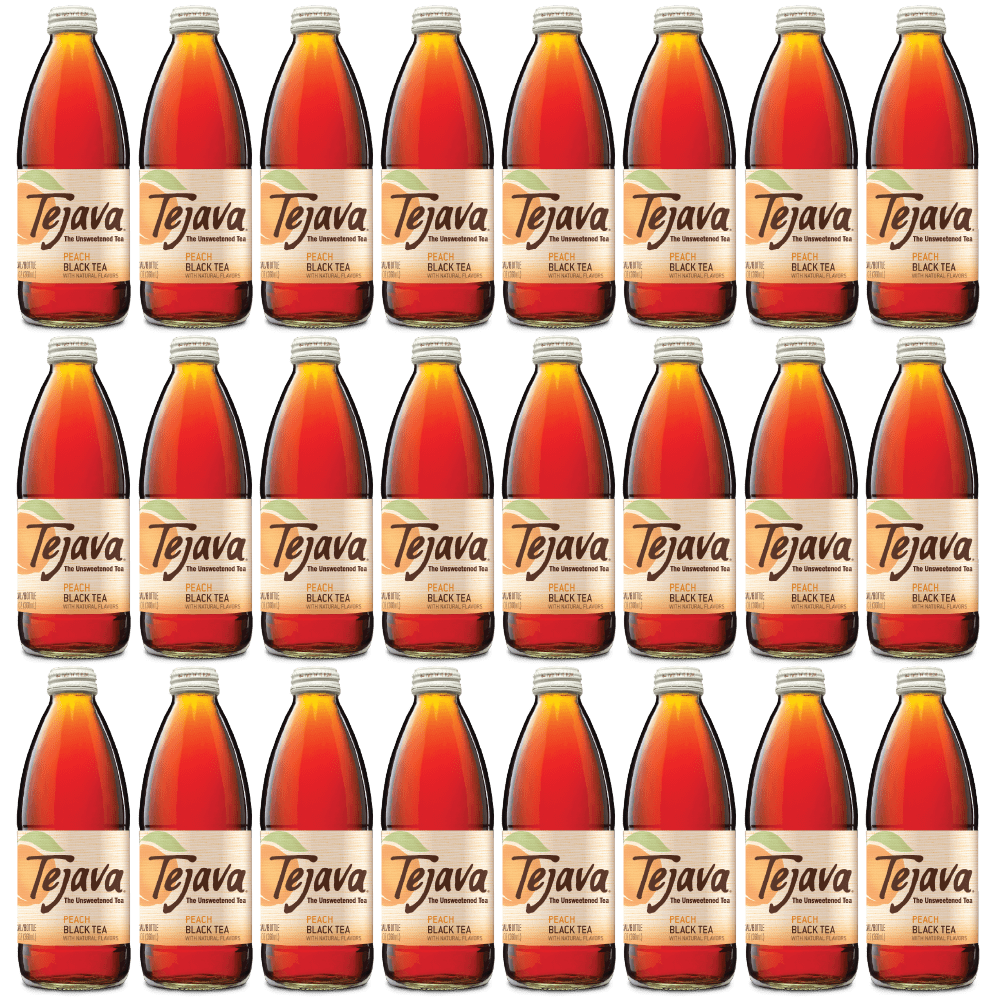 Tejava Unsweetened Peach Black Tea Glass Bottles, 12 Fl Oz, 24 Pack