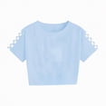 thumbnail image 4 of NOLDARES Kid Toddler Girl Clothes Summer Ruffle Sleeve Figure Graphic Shirt + Shorts Summer Outfits Set(Sky Blue,5-6 Years), 4 of 6