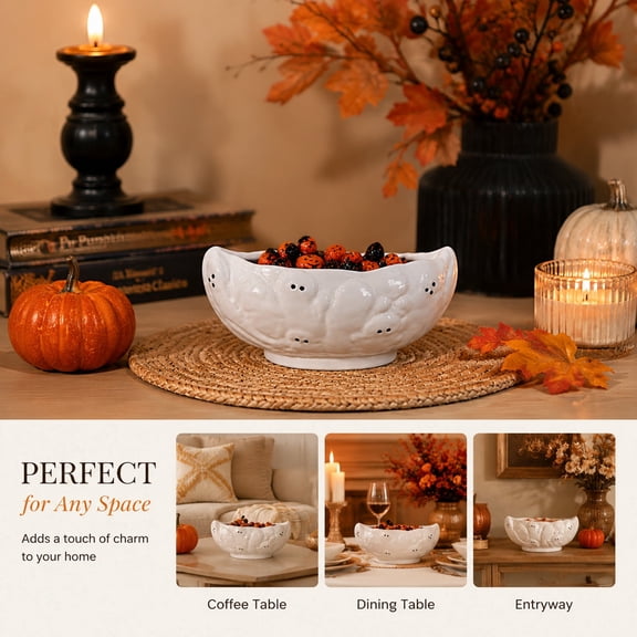 Halloween Decorative Bowl, Spooky Candy and Snack Serving Dish for Party Table, Entryway Counter Mantel and Dessert Display, Festive Seasonal Home Decor and Holiday Centerpiece, White