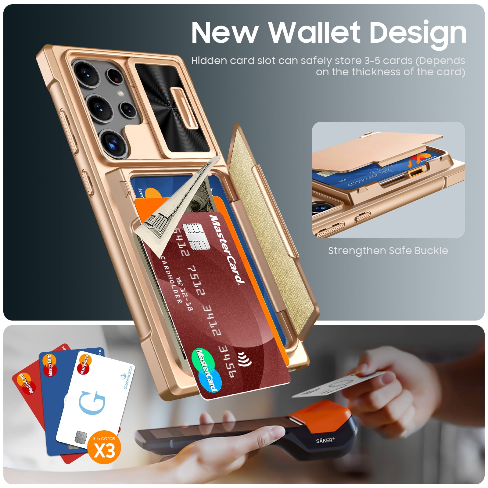 Vizvera for Samsung Galaxy S24 Ultra Phone Case with RFID Cards Holder (Store 4 Cards)&Camera Cover & Kickstand,Shockproof Silicone Case-Champagne