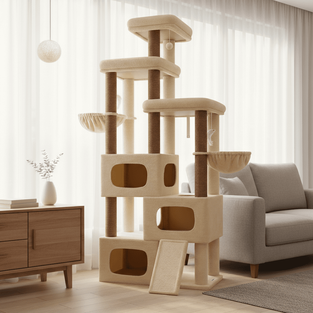 Globlazer Big Cat Tree Tower，85in Multi-Level Tall Cat Tree Tower Indoor for Multiple Adult Cats with Scratching Post, 3 Perches, 3 Condos, 2 Hanging Basket, S85,Beige
