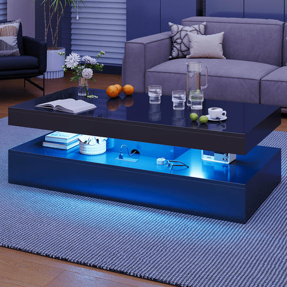 Sunmthink 47” High-Glossy LED Coffee Table with 2 Sliding Drawers, Living Room Storage Coffee Tables, Modern Stylish Double-Layer Center Tables with LED Lights, Black