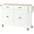 thumbnail image 4 of Lunale 54.3" Kitchen Island Cart on Wheels with 4 Doors & 2 Drawers, Rolling Storage Cart with Adjustable Shelves & Rubber Wood Top, White, 4 of 9
