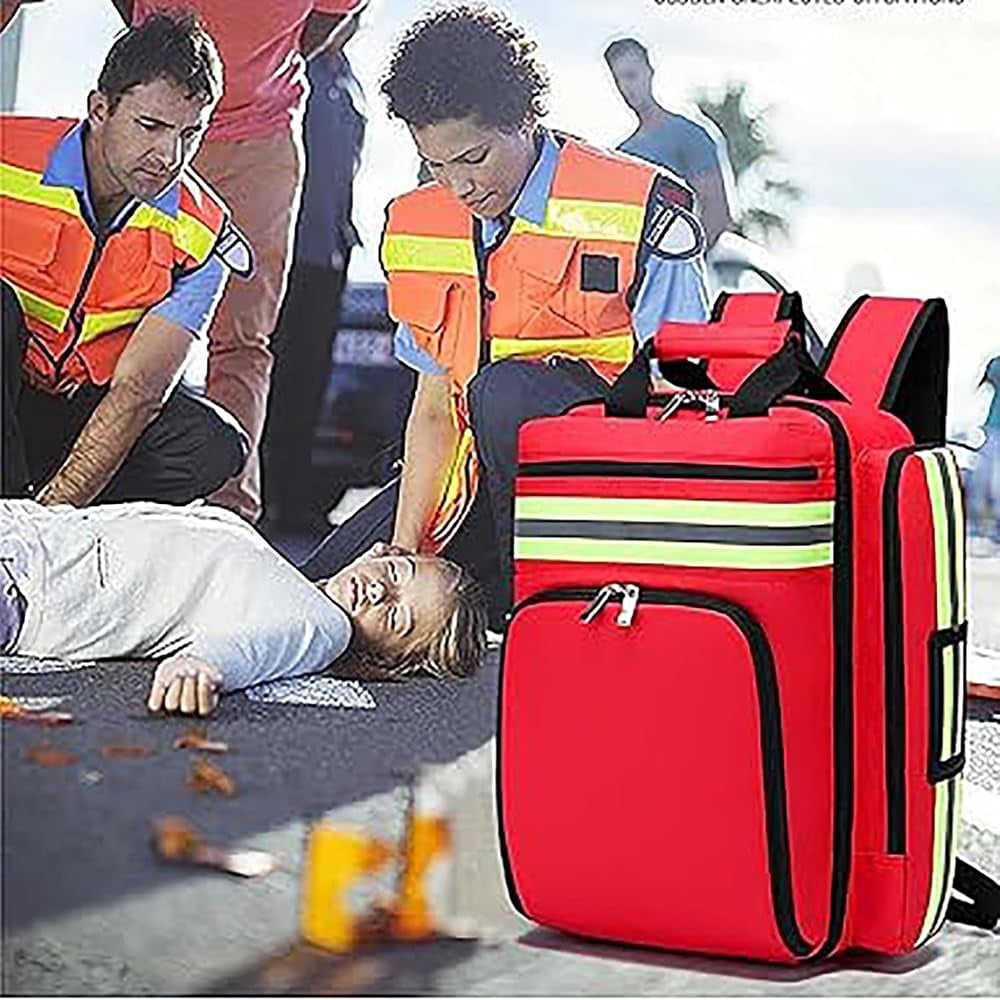 High Capacity First Aid Kit Empty Bag, Family First Aid Organiser with Multiple Pockets and Reflective Strip Design, Large Capacity Emergency Treatment Backpack for Home and Travel