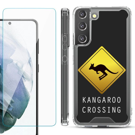 Shockproof Bumper Phone Case for Samsung Galaxy S22 5G, with Tempered Glass Screen Protector, by OneToughShield ® - Road Sign Kangaroo